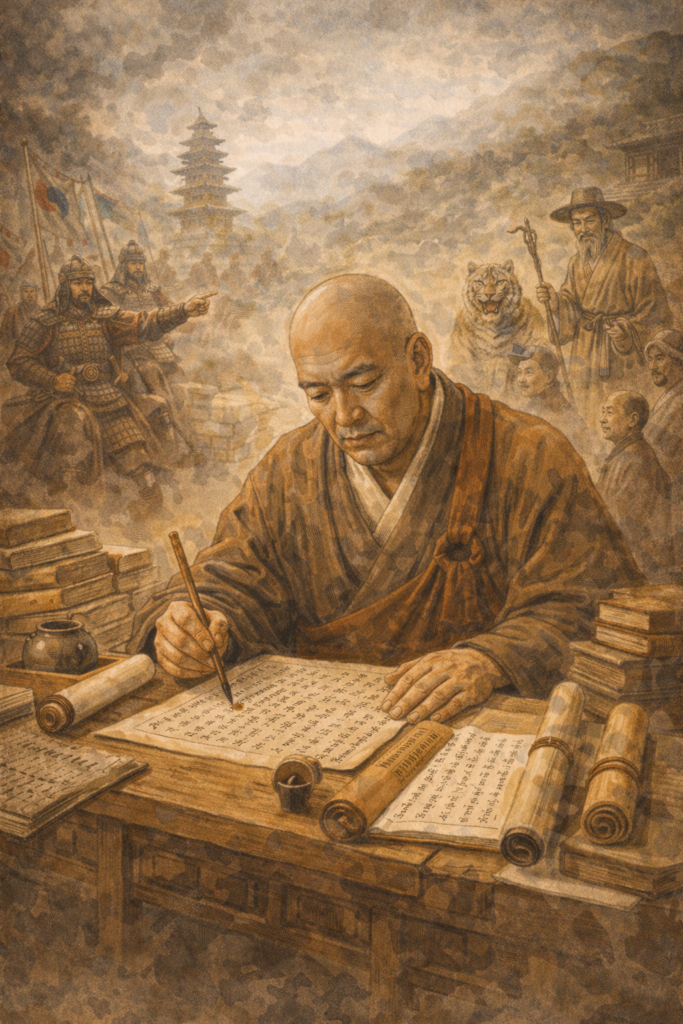 일연의 삼국유사 집필을 하는 모습을 이미지 하였다